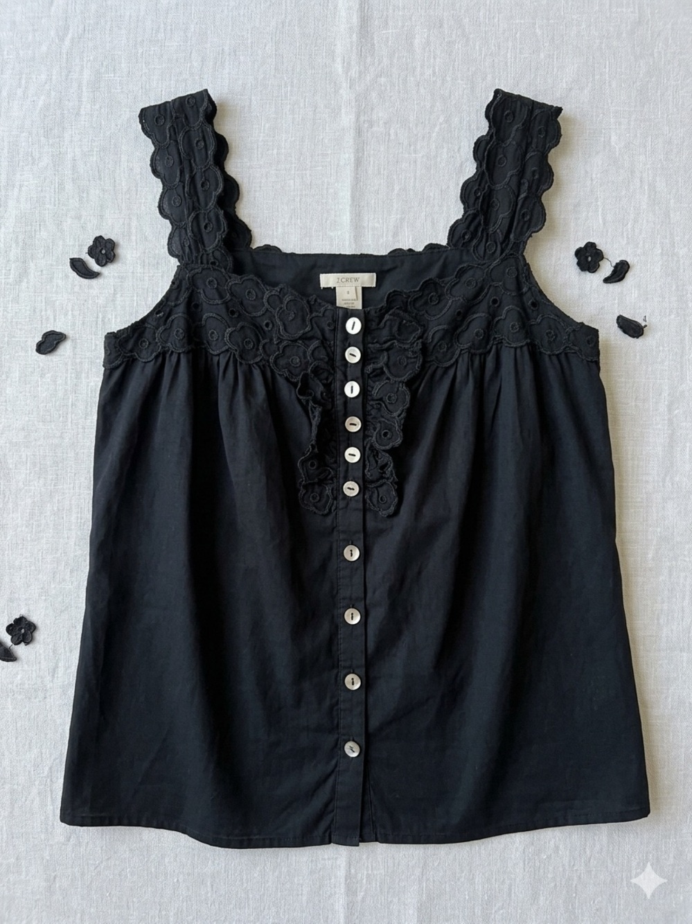 J.Crew Black Eyelet Floral Lace Trim Cotton Cami Tank Top - Size 4